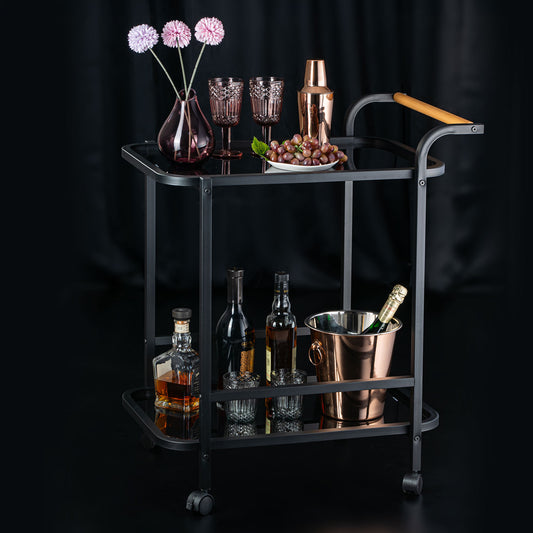 Elegant Glass Serving Cart With Black Metal Detailing