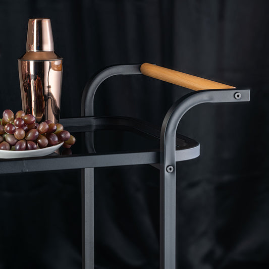 Elegant Glass Serving Cart With Black Metal Detailing