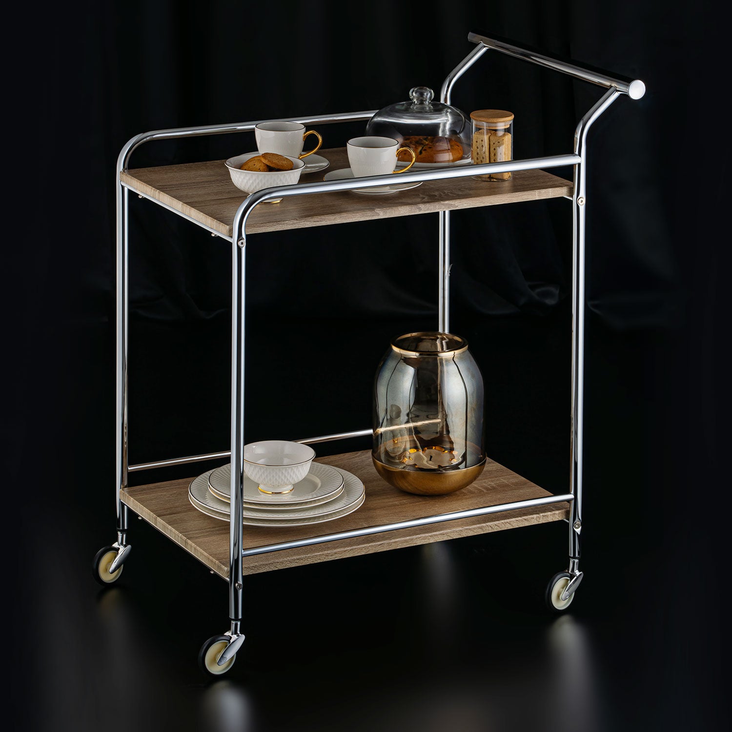 Elegant Ebony Serving Cart With Brass Accents