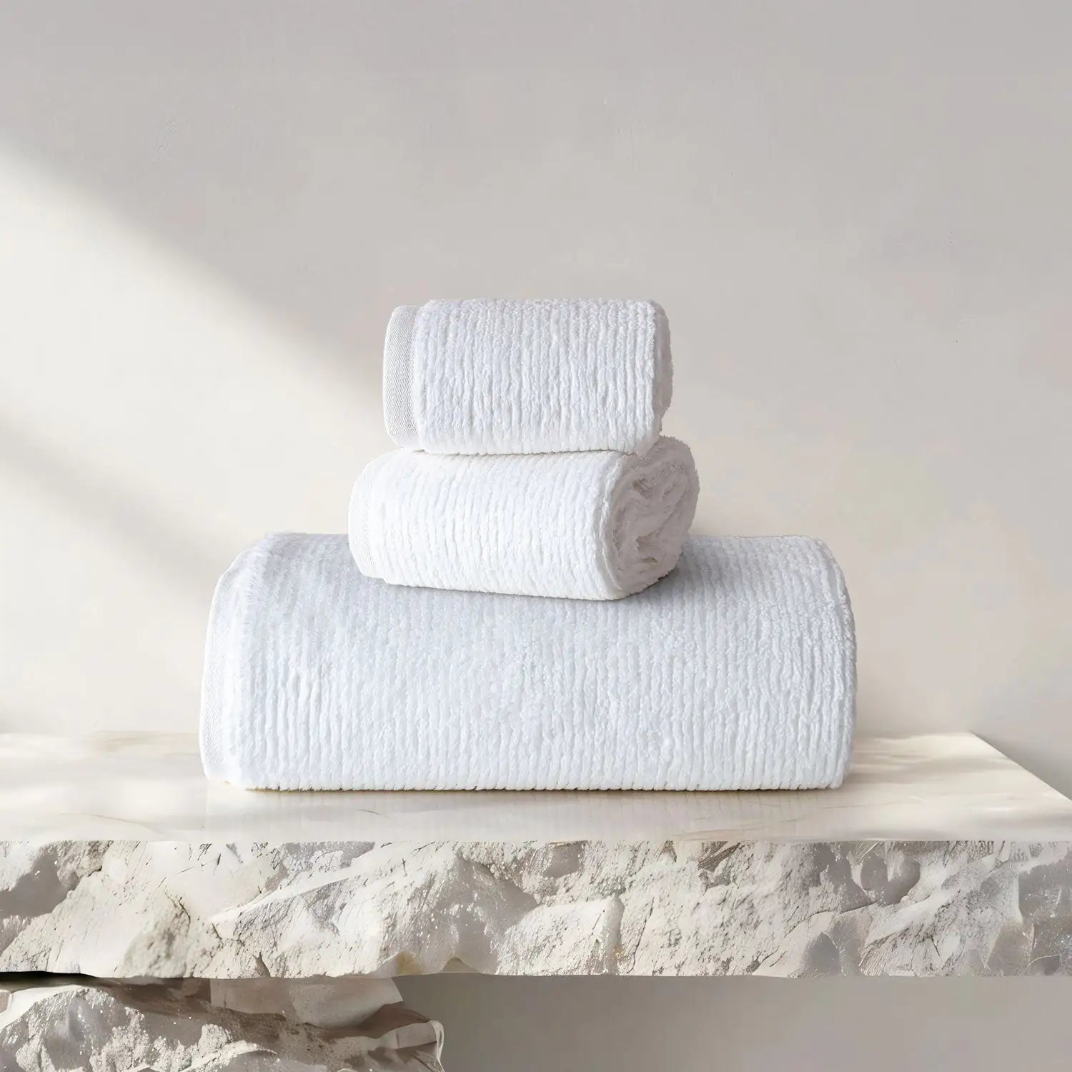 Earth Cotton 3-piece snow white towel set – neatly folded 100% cotton towels

