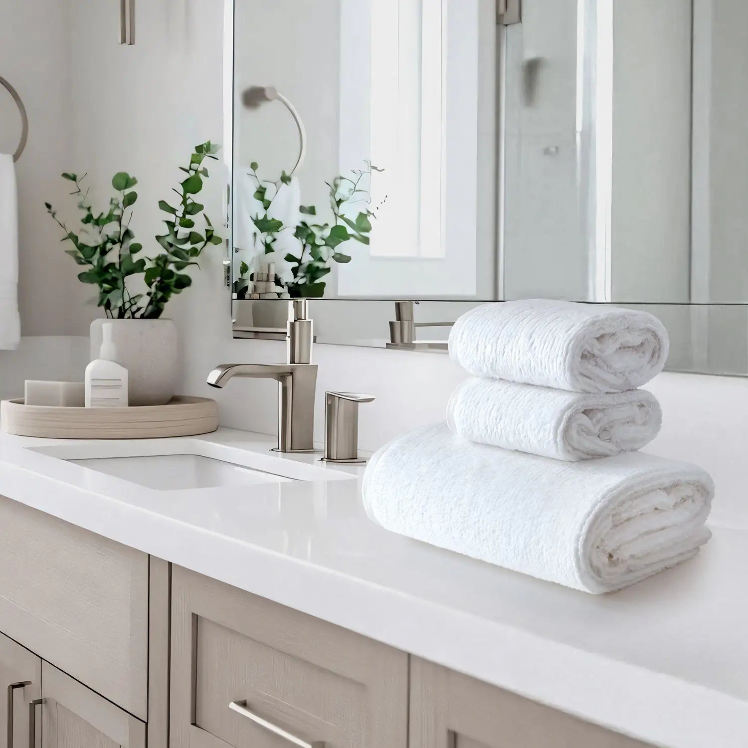 Earth Cotton 3-piece snow white towel set – 100% cotton towels stacked on bathroom counter

