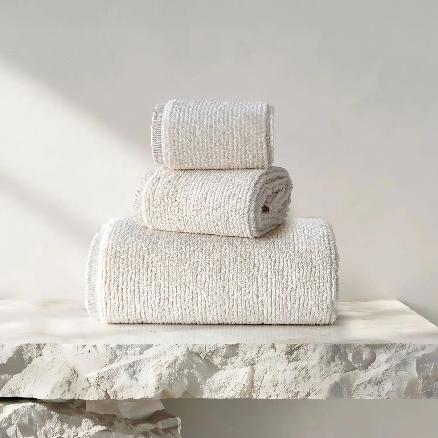 Earth Cotton 3-piece butter towel set – 100% cotton towels folded on stone surface
