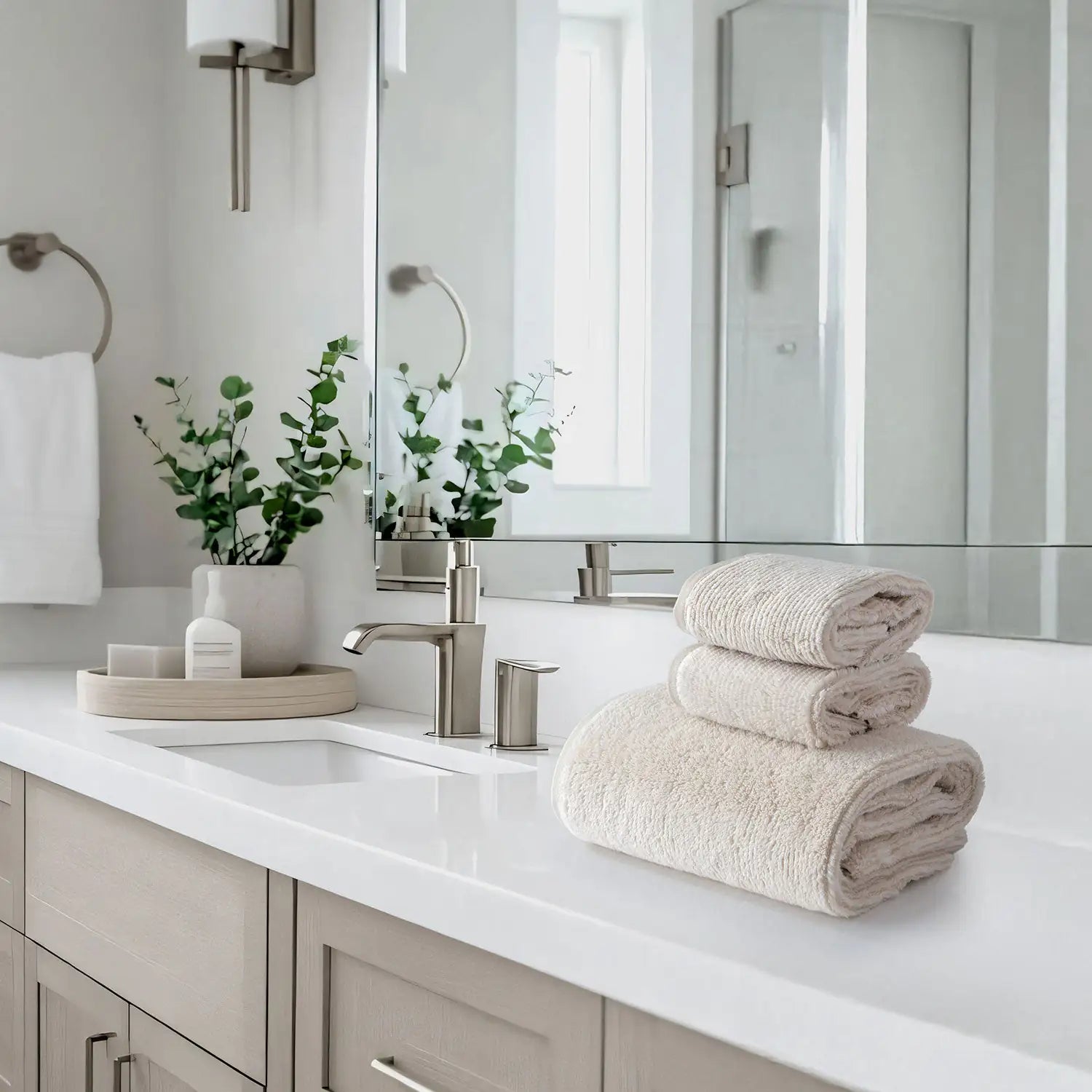 Earth Cotton 3-piece butter towel set – 100% cotton towels stacked on bathroom counter