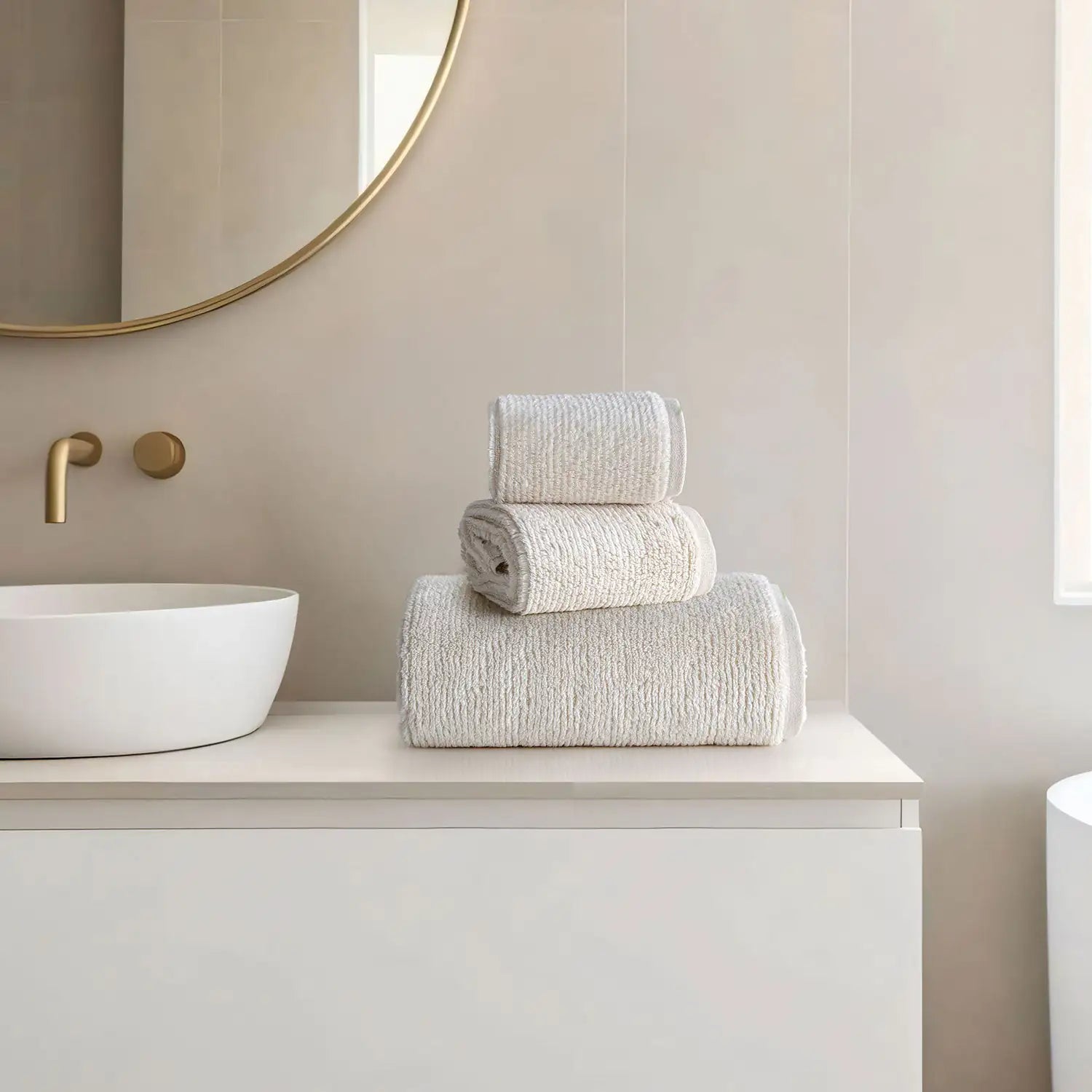 Earth Cotton 3-piece butter towel set – 100% cotton towels stacked beside wash basin