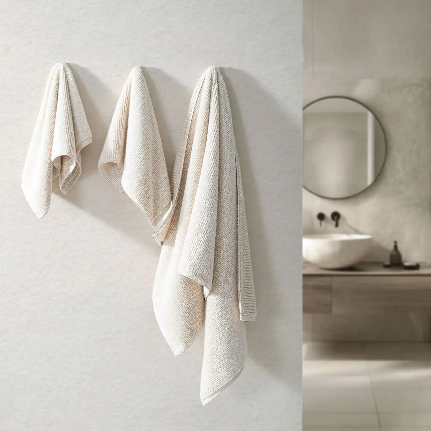 Earth Cotton 3-piece butter towel set – 100% cotton towels hanging on bathroom wall.