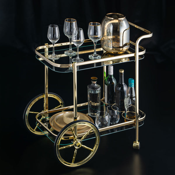 Sleek Glass Serving Cart With Gold Accents
