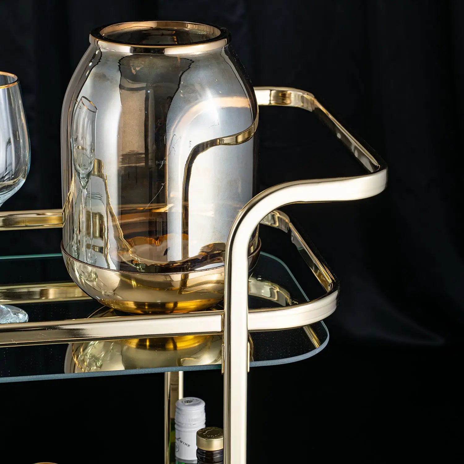 Sleek Glass Serving Cart With Gold Accents