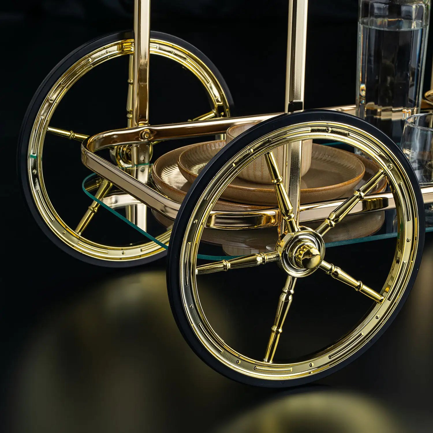 Sleek Glass Serving Cart With Gold Accents