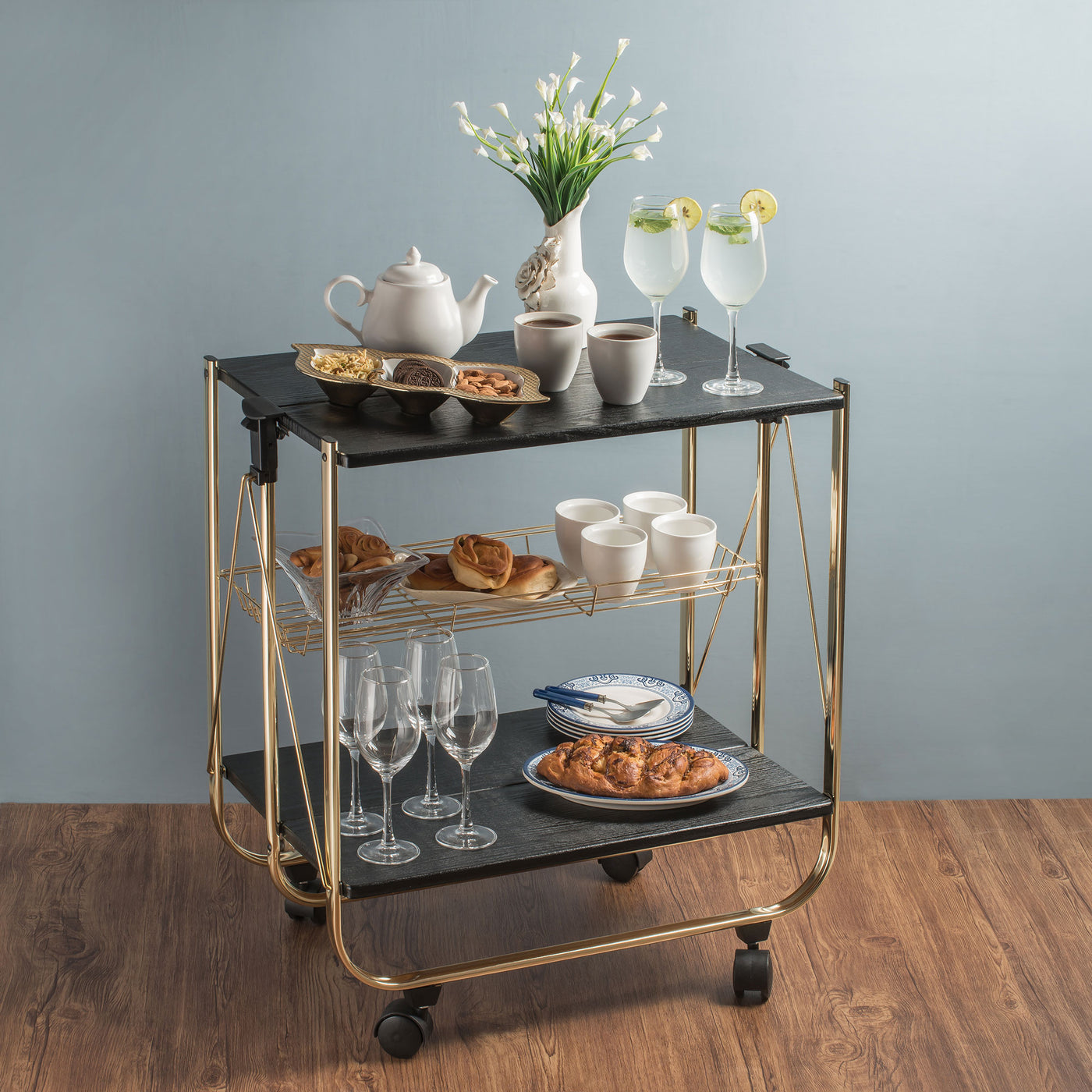 Wooden Foldable Service Trolley With Metal Frame