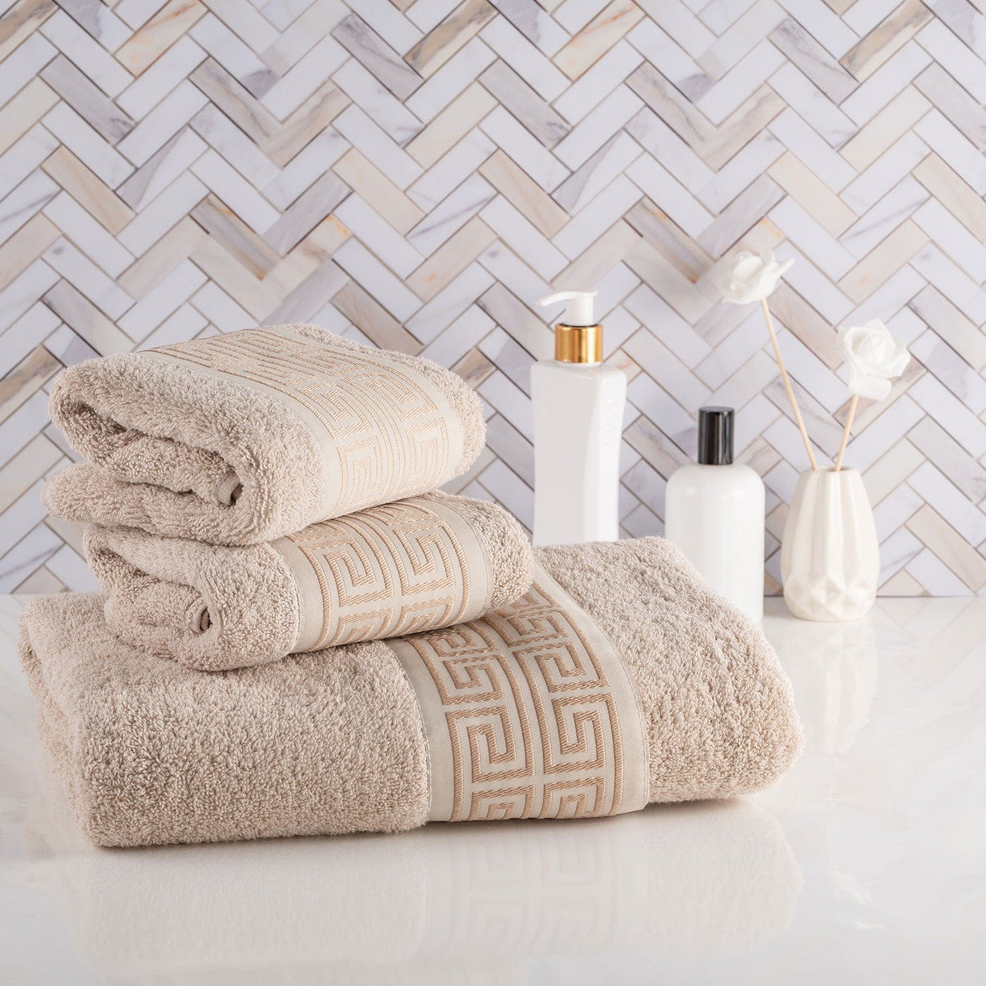 Hotel Quality Greek Key Bath Mat - Egyptian Cotton, Machine Washable