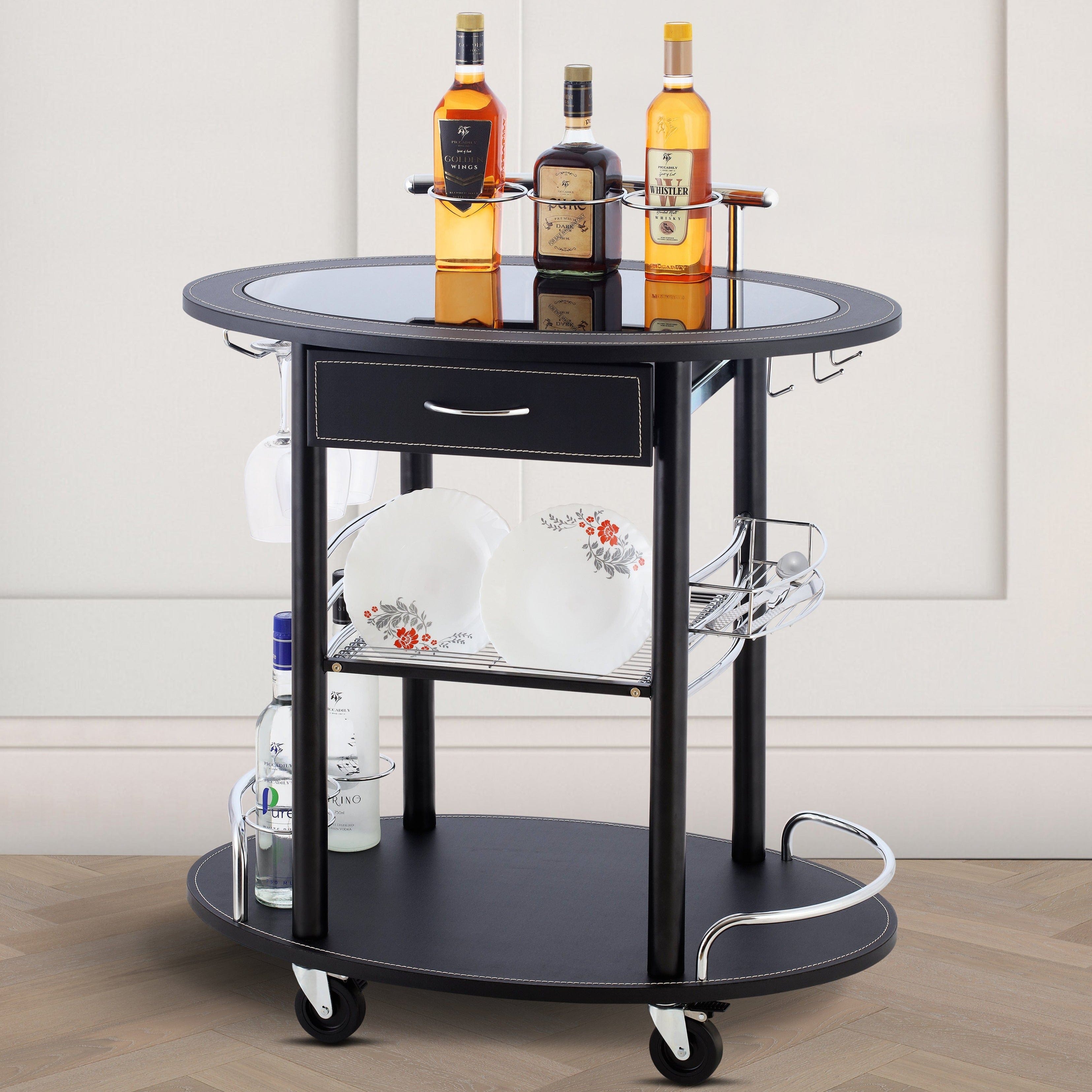 Wooden Leather Trolley With Metal Frame | Bar Trolley
